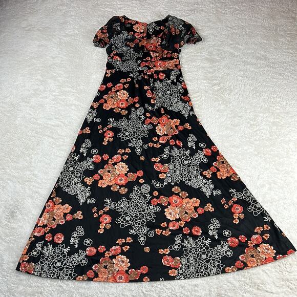 Vintage 70s Unbranded flutter collar black orange floral print maxi dress, small - Picture 3 of 9